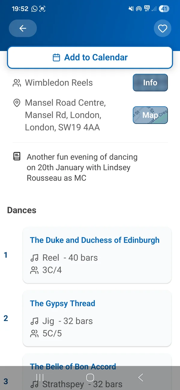 Event dance programme listing